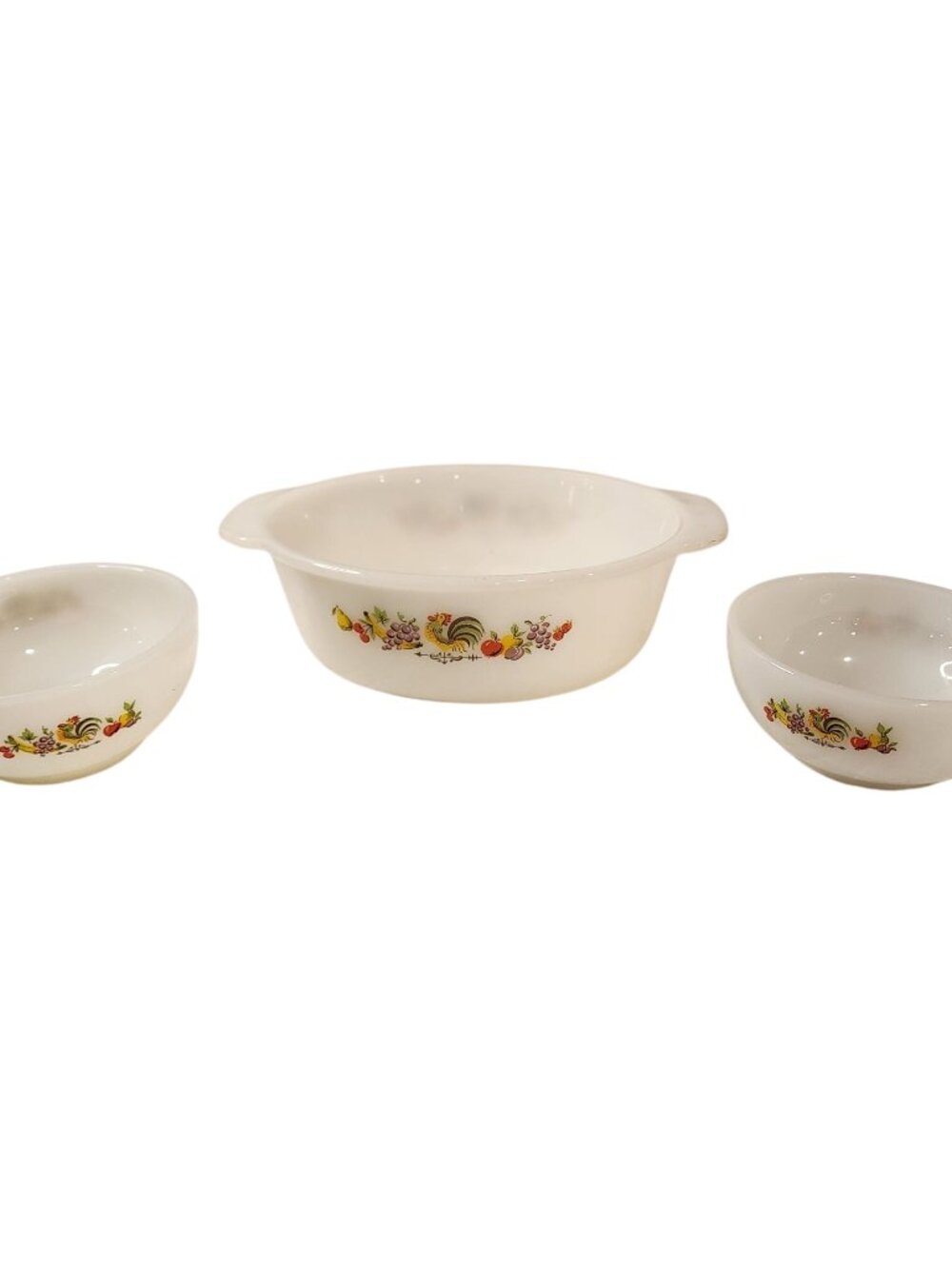 Vintage Fire King Rooster & Fruit 1.5 Qt casserole & 2 cereal bowls